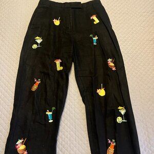 Black Linen Cocktail Embroidered Pants